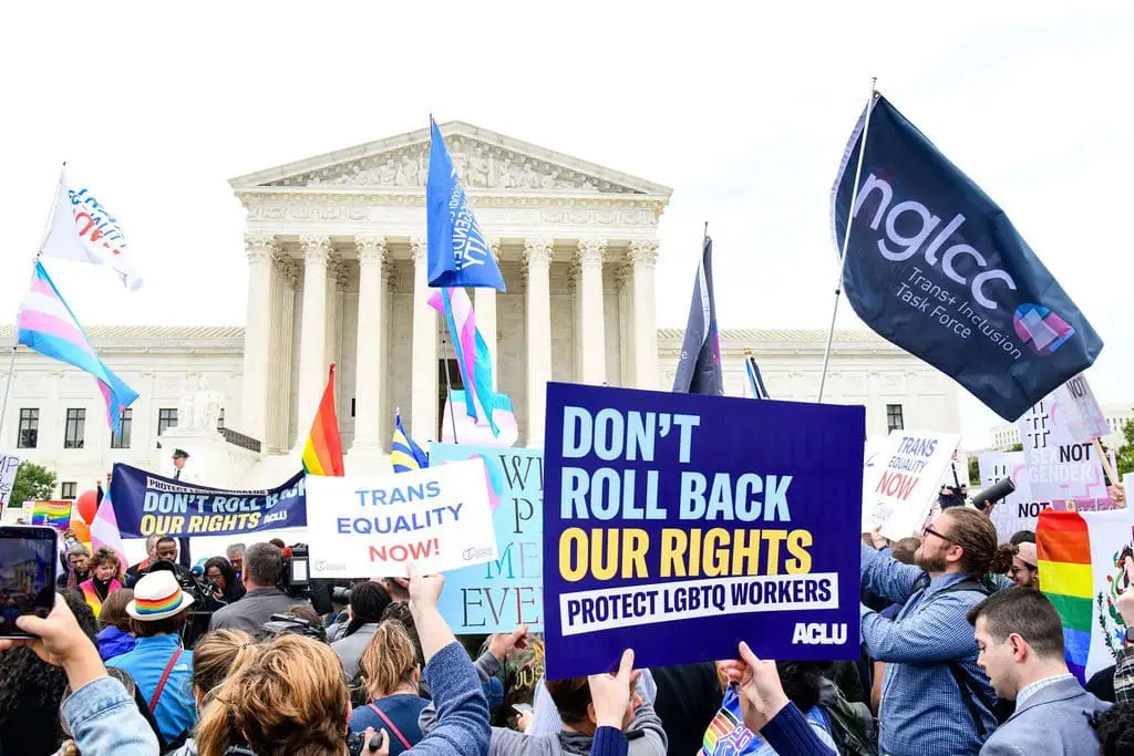 A large group of people protesting at the Lincoln memorial, holding signs that support trans rights.
