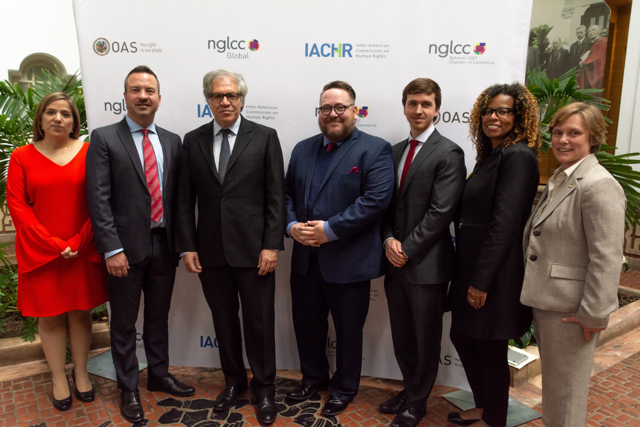 From left to right: Dr. Betilde-Muñoz-Pogossian, Director of the Department of Social Inclusion, OAS; Chance Mitchell, Co-Founder & CEO, NGLCC; Luis Almagro, Secretary-General, OAS; Justin Nelson, Co-Founder & President, NGLCC; Phil Crehan, Director, NGLCC Global; Nedra Dickson, Global Supplier Diversity & Sustainability Lead, Accenture; Chris Crespo, Inclusiveness Director of the Americas Talent Team, EY