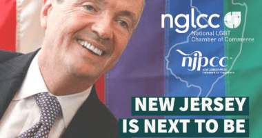 Image of NJ Governor Phil Murphy overlaid across American and Pride flags. Text reads, 