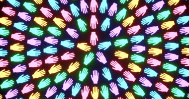 Alternating circles of neon red, pink, and yellow hands point inwards.