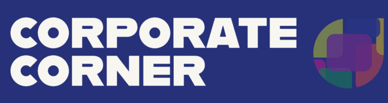 White text on navy blue background reads "Corporate Corner" to the left of the NGLCC logo leaf.